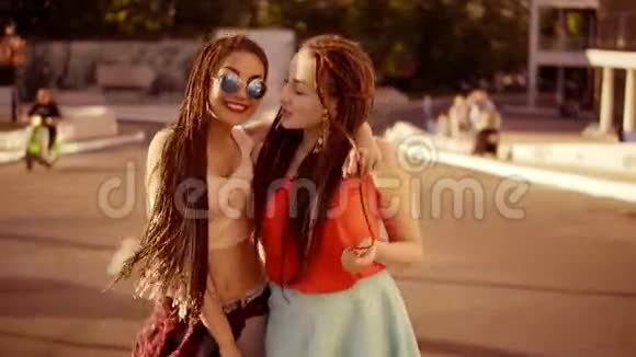 两个快乐的女人带着恐惧走在空荡荡的路上在夏天说话两个时髦女孩笑着拥抱着视频的预览图