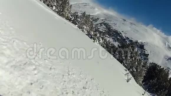 滑雪者享受极限自由骑行在雪林中坠落视频的预览图