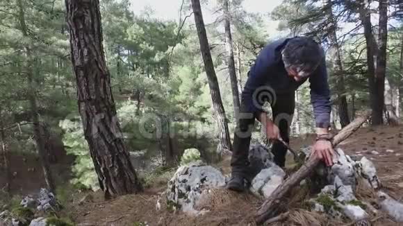 一个人用手锯把一棵树锯成木柴视频的预览图