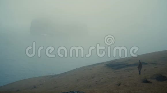 年轻女子走在海边的田野里思考探索冰岛的自然视频的预览图