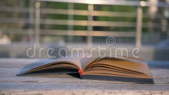 风把躺在长凳上的一本空白书的书页吹翻了非常漂亮的设计师笔记本在街上慢动作视频的预览图