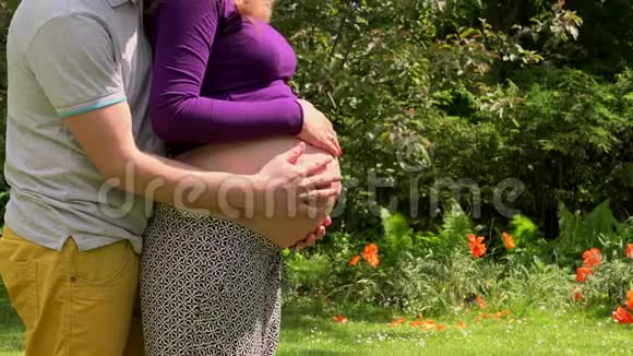 丈夫抱着怀孕的妻子在花园的阳光下抚摸她的大肚子视频的预览图