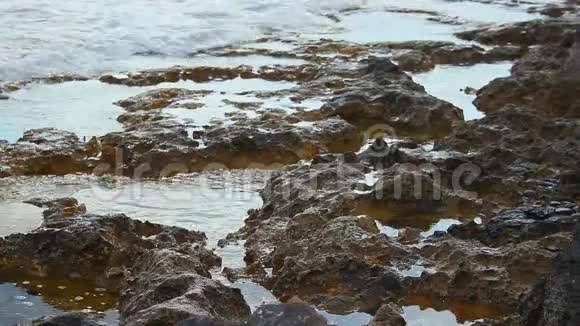 在岩石海岸的潮汐波浪平静的石质海岸线宁静的景观冥想视频的预览图
