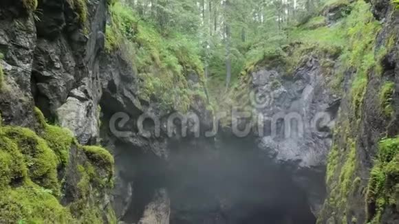 森林岩石间峡谷的俯视图库存录像两座长满青苔的悬崖悬在小峡谷上上面有雾视频的预览图