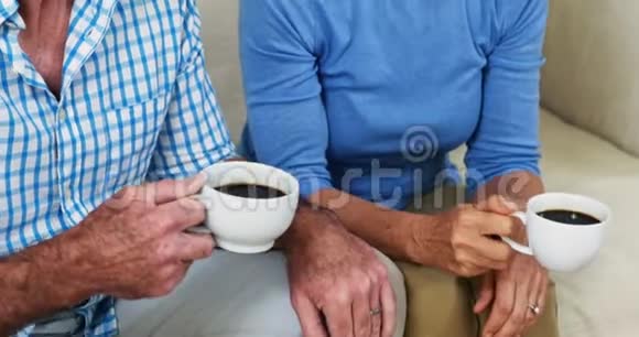 在客厅里喝杯咖啡的时候微笑的老夫妇互相交流视频的预览图