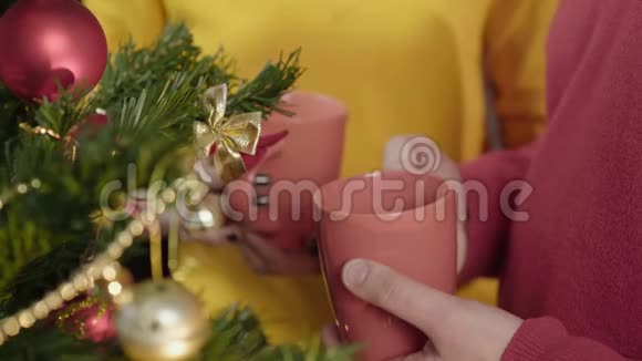人们喝着温暖的卡布奇诺欣赏圣诞树的灯光聊天视频的预览图