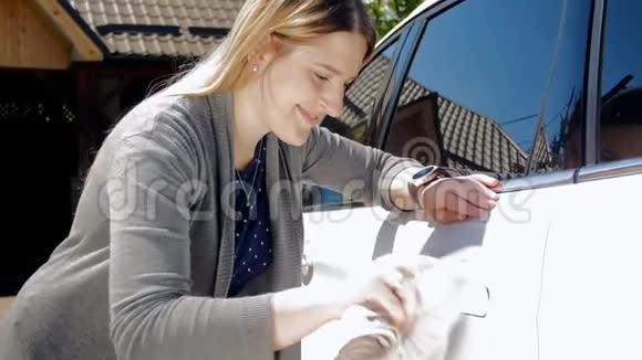4k视频年轻女子在晴天用布擦车视频的预览图