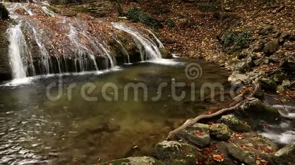 秋天森林里美丽的河流和瀑布视频的预览图