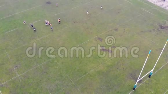 在乌克兰的绿野上玩橄榄球的人的空中视野没有太阳的雾天视频的预览图