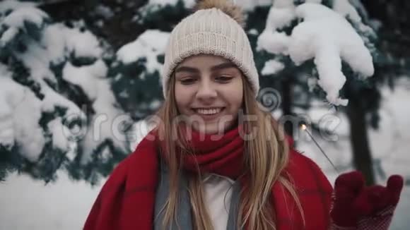 美丽的女孩在冬天闪闪发光年轻的女人在冬天在树林里冬天的自然美丽的年轻女人站着视频的预览图