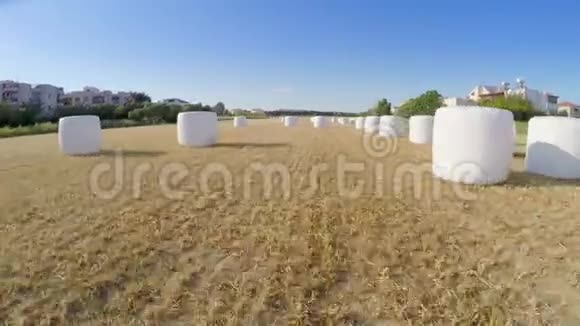 飞越农村地区收获的土地麦田航拍农业视频的预览图