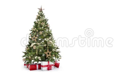 灯光装饰圣诞树礼品盒和圣诞老人进入挥手和退出白色背景与文字视频的预览图