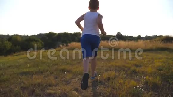 在阳光明媚的日子里小男孩在草地上奔跑儿童在户外草坪慢跑快乐男视频的预览图