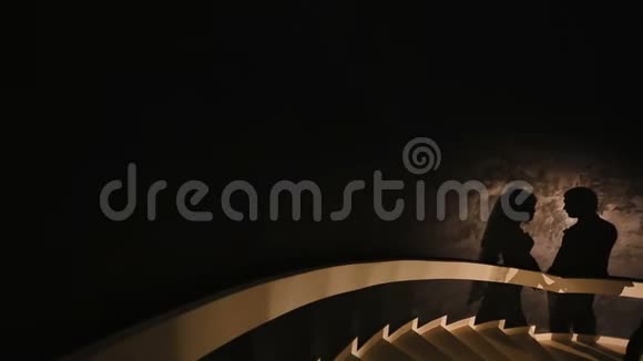 两个情侣在楼梯上温柔接吻的剪影阴影的视野视频的预览图