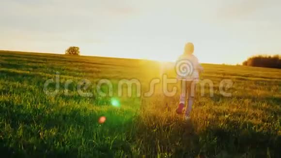 一个无忧无虑的孩子在绿草地上快乐地奔跑这个女孩喜欢美丽的一天和美丽的日落视频的预览图