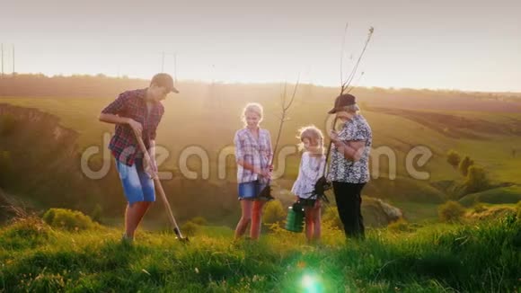 一个友好的家庭一起种一棵树几代人共同努力日落前的图画背景视频的预览图