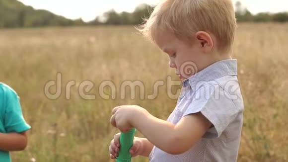 两个小男孩在公园里玩肥皂泡视频的预览图