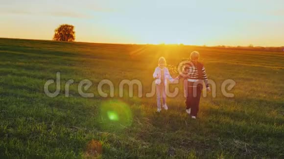有绿色草地和日落的田园风光一位年长的妇女和一个女孩正沿着田野散步概念视频的预览图