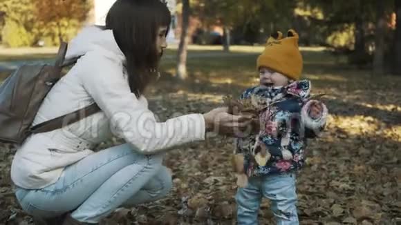 快乐的母女俩一起玩秋叶一起玩得开心嬉戏的女孩和她的母亲扔树叶视频的预览图
