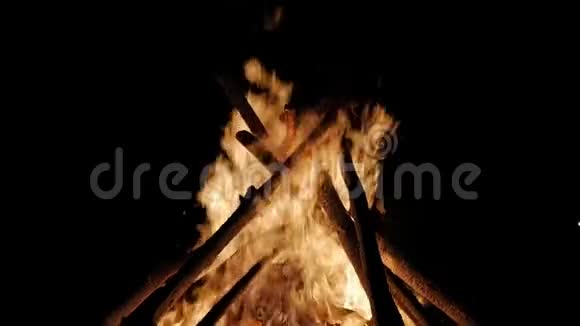 大篝火的树枝在夜晚燃烧视频的预览图