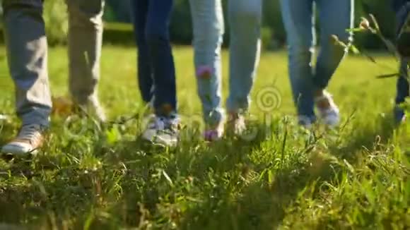 成人和儿童的双腿在草地上伸展视频的预览图
