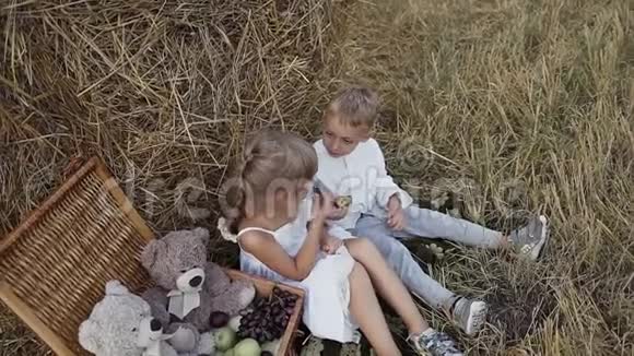 两个幼儿在田里玩吃水果田间稻草的小窍门视频的预览图