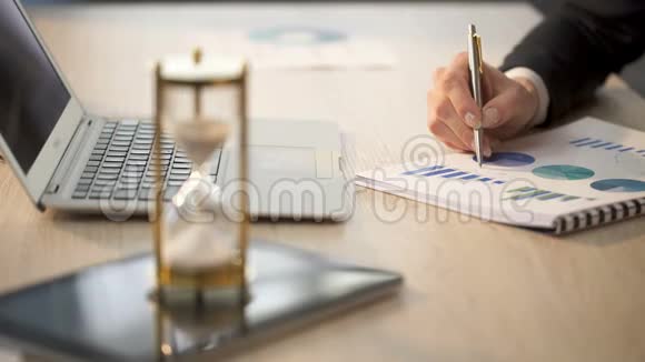 女经理在办公桌上检查图表时间在沙漏中运行视频的预览图
