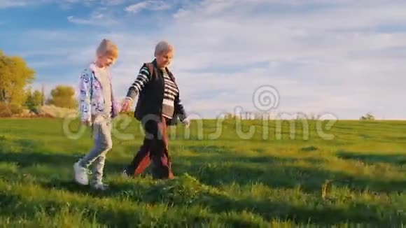 活跃的老年人祖母和孙女走在乡村的路上在风景如画的地方与她的孙女相对视频的预览图