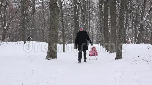 父亲和小宝宝一起在雪地冬季公园的雪橇上骑马4K视频的预览图