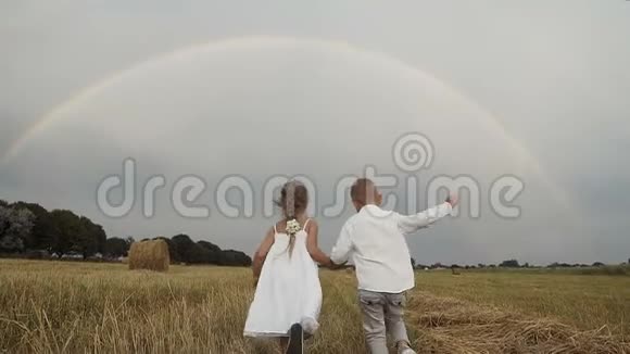 小男孩穿着白色衬衫小女孩穿着白色连衣裙留着长发跑着一片田野迎接彩虹视频的预览图