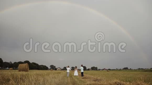 一个女孩和两个男孩用稻草棒跑着一片黄色的田野迎接彩虹视频的预览图