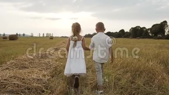 雨后小男孩和小女孩双手捧着帅哥跑在田野上视频的预览图