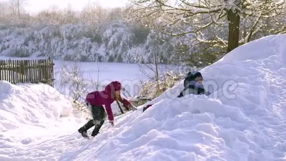 小男孩和小女孩正在一个白雪覆盖的公园里玩他们爬山下山视频的预览图
