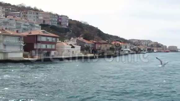 跟踪射击在城市的池塘水岸上移动博斯普鲁斯附近漂亮的别墅土耳其伊斯坦布尔视频的预览图