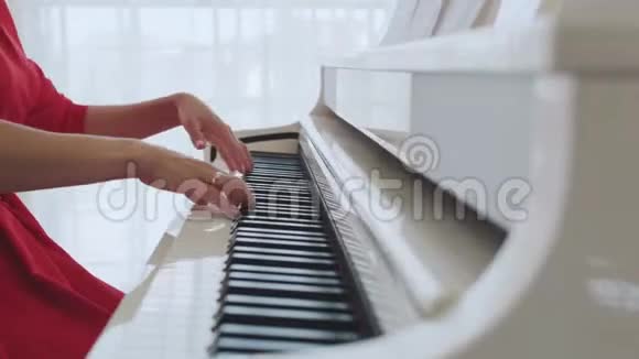 美丽的女人手弹白色钢琴视频的预览图