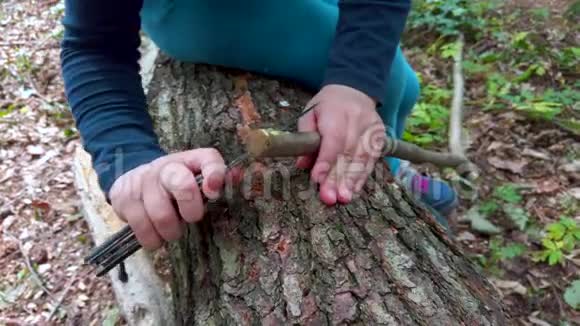 小女孩或男孩用瑞士刀在森林里锯一块木头没有人视频的预览图