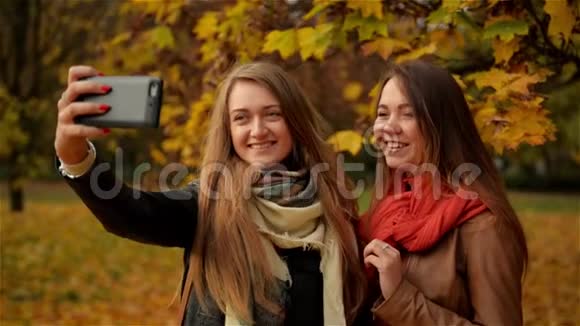 女孩朋友在秋天公园做自拍两位美女在智能手机上拍照视频的预览图