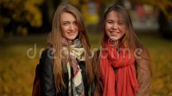 两个微笑的年轻迷人的女孩在公园秋天的户外落叶女朋友微笑和看着视频的预览图