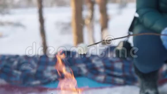 冬天在篝火上煎棉花糖徒步旅行视频的预览图