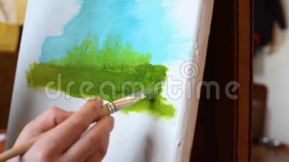 这位艺术家下午在一张白色画布上画了一幅画视频的预览图