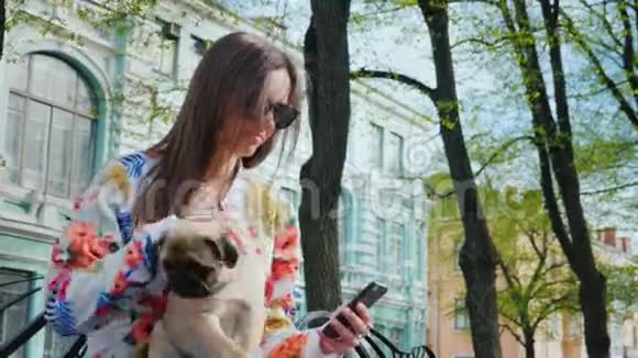 一个带着狗的女人坐在公园的长凳上使用手机视频的预览图