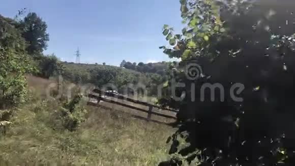 沿着山坡在树间散步乡村庄园的旧木栅栏可见视频的预览图