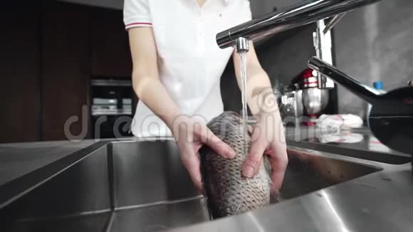 女人准备在厨房切鱼和做菜海和海洋食物河鱼和鱼一起吃饭视频的预览图