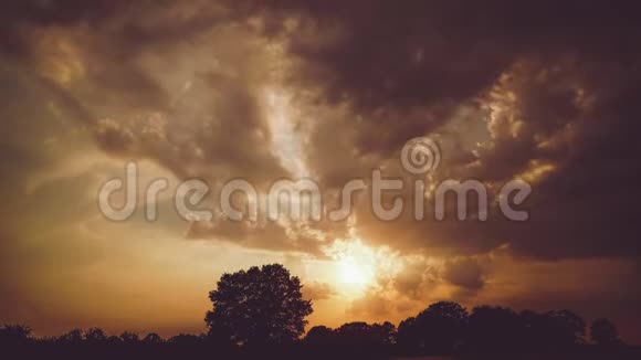在黄昏喜怒无常的天空和日落中移动的云时间表在麦田里孤独的橡树视频的预览图