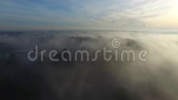 早上乘雾飞越城市上空鸟瞰视频的预览图