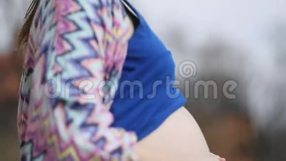 年轻的孕妇待在温暖的风里整齐地抚摸着她的大肚子稳住凸轮慢镜头视频的预览图
