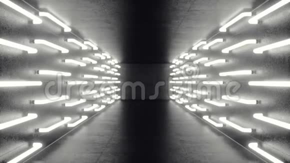 带有霓虹灯的未来主义黑暗走廊光芒四射未来建筑背景三维动画视频的预览图