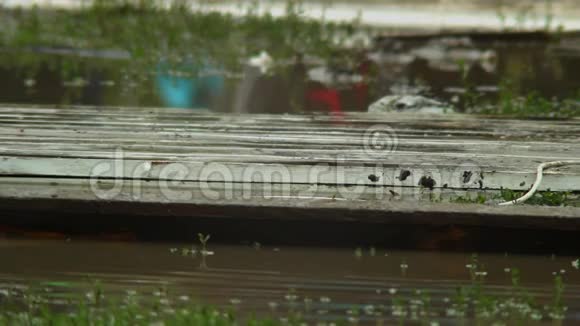 大量军靴踩在水上的木台上洪水泛滥视频的预览图