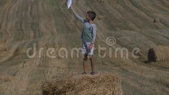 快乐的小男孩在干草堆上玩纸飞机背景是收获的田野视频的预览图