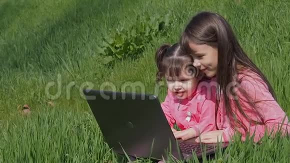 带着笔记本电脑在绿草上的小女孩阳光明媚的一天公园里的姐妹们穿粉色衣服的小女孩带着笔记本电脑世界儿童视频的预览图